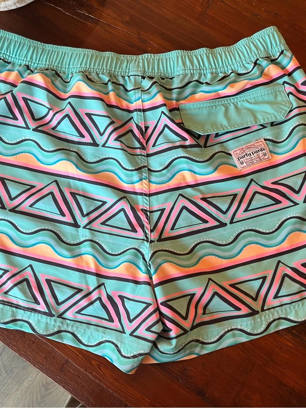 Party Pants Men's Festival Swim Shorts Trunks - Cyan / Neon Geometric - Size XL
